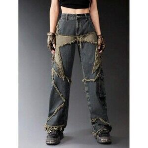 Romwe Punk Star Pattern Raw Trim Flap Pocket Cargo Boyfriend Jeans Denim Small